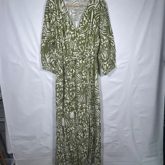 olive green and cream dress Kelly Green and Cream Tropical Leaf Print Midi Dress